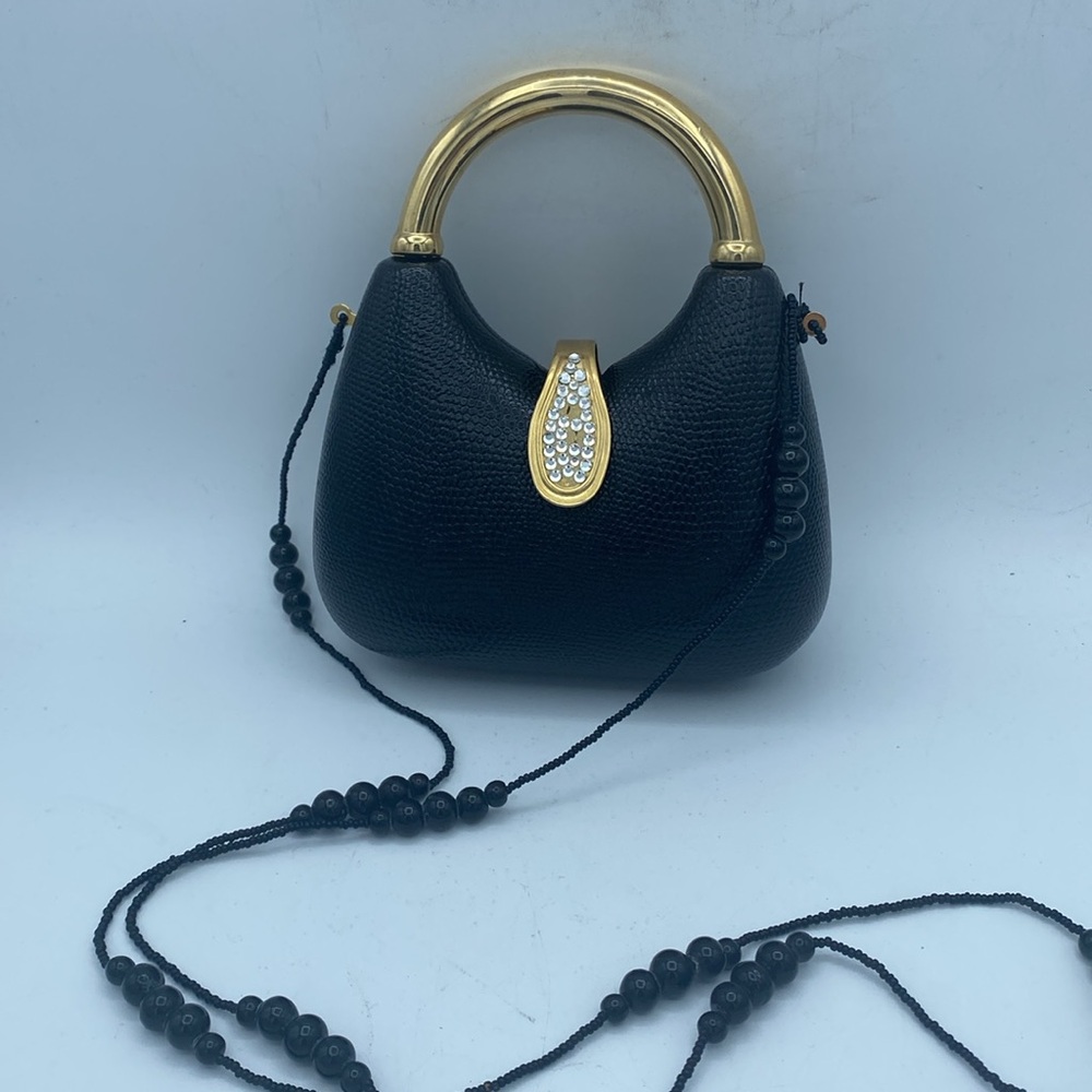 VTG black  rhinestone closure vegan pebbled leather cocktail purse beaded strap